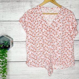 Jane And Delancey Ditsy Floral Short Sleeve Button-Up Front Tie Top Size Medium